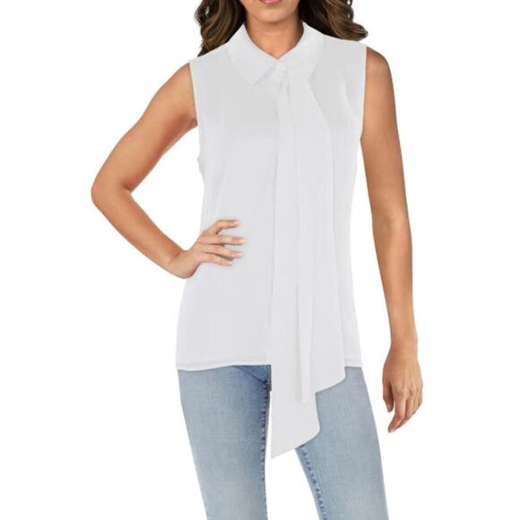 CeCe Women's White Button-Down Collared Tie Neck Blouse Size XXS - Picture 1 of 5